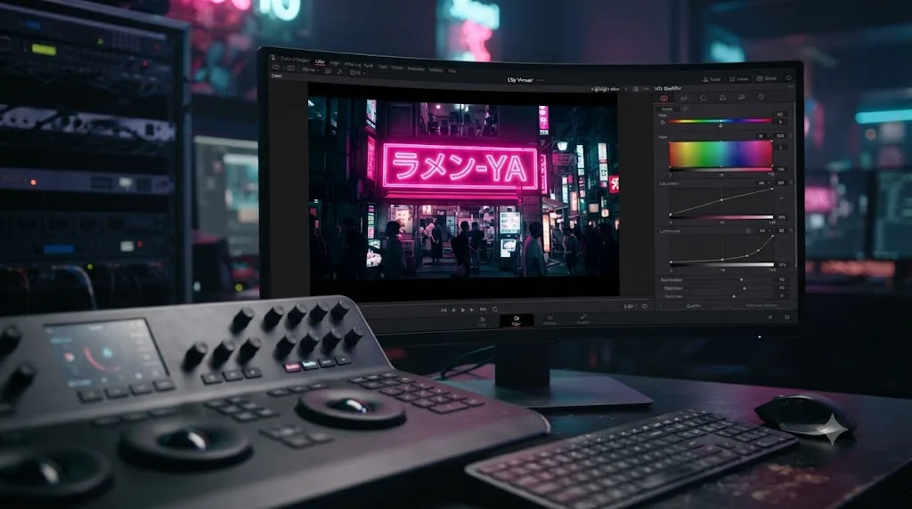 Illustration of an HSL qualifier isolating a pink neon sign in DaVinci Resolve with a clean highlight matte