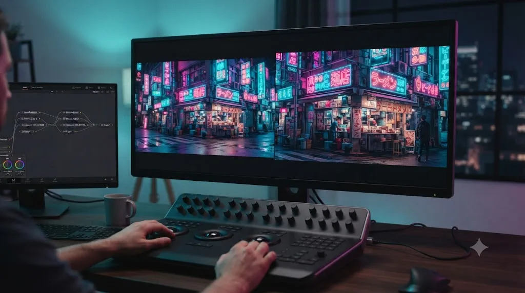 Illustration of two DaVinci Resolve camera angles at the same neon location matched with individual balance nodes and a shared cyberpunk look