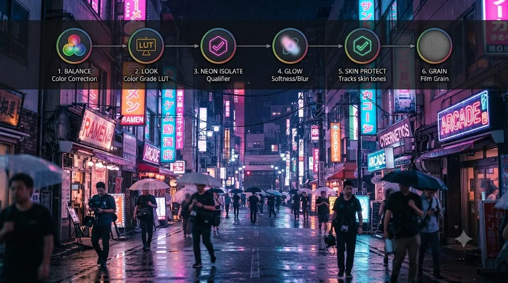 Illustration of a labeled six-node DaVinci Resolve chain for a cyberpunk neon color grade