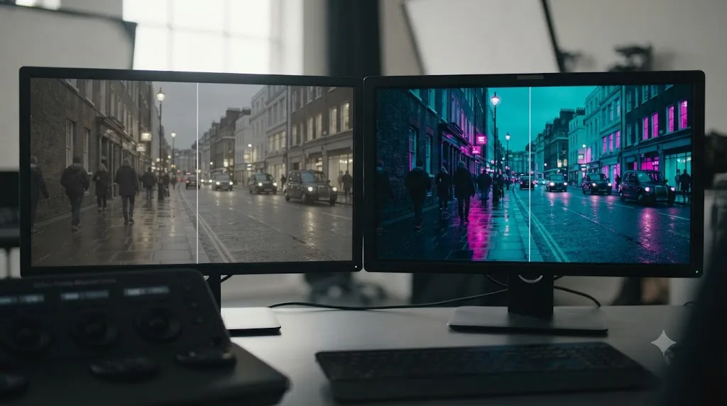 Illustration comparing a flat, ungraded street scene against the same scene with a narrow cyan and magenta cyberpunk palette applied