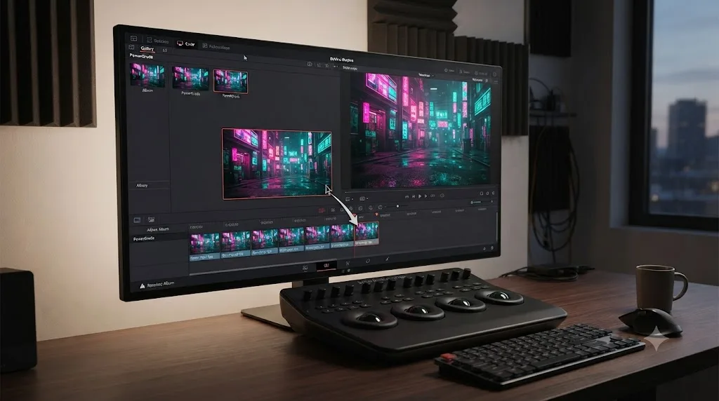 Illustration of a saved cyberpunk neon PowerGrade in the DaVinci Resolve Gallery being applied to a new clip