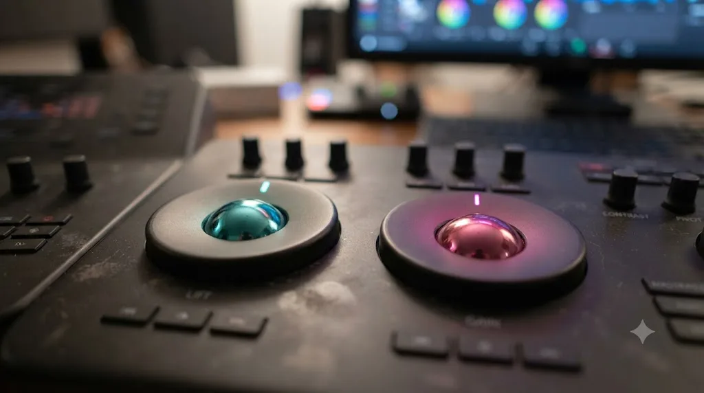 Illustration of the Lift and Gain color wheels in DaVinci Resolve pushed toward cyan and magenta for a split-tone look
