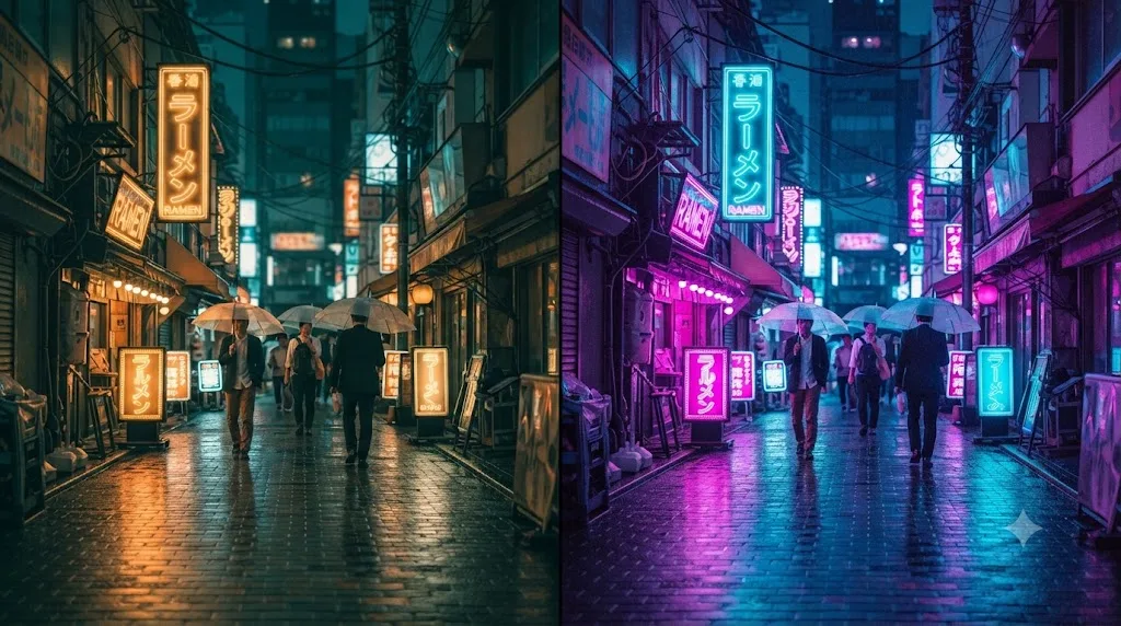 Illustration comparing a teal-and-orange color grade against a cyberpunk cyan-magenta grade applied to the same shot