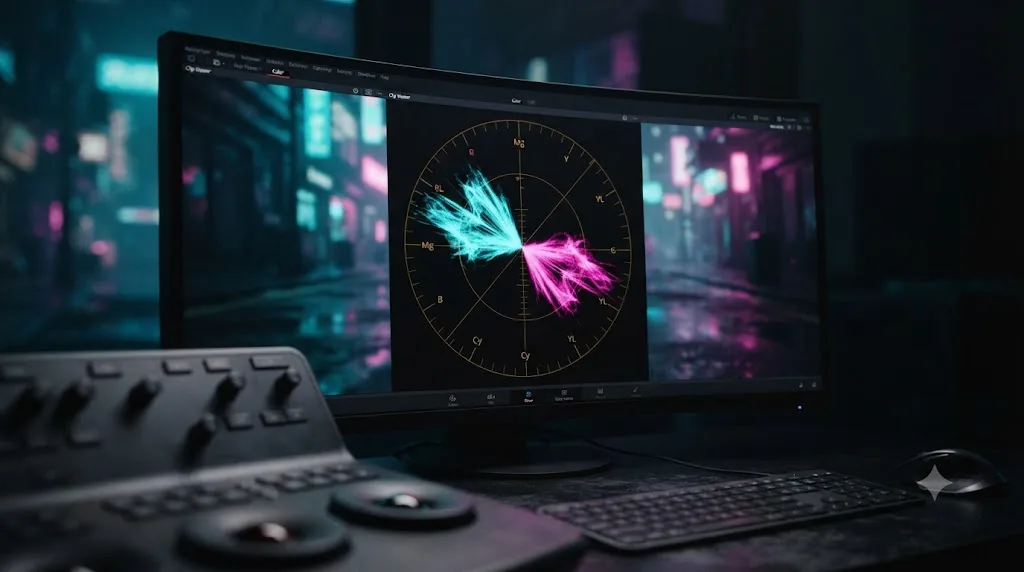Illustration of a DaVinci Resolve vectorscope showing saturated cyan and magenta traces approaching the gamut edge