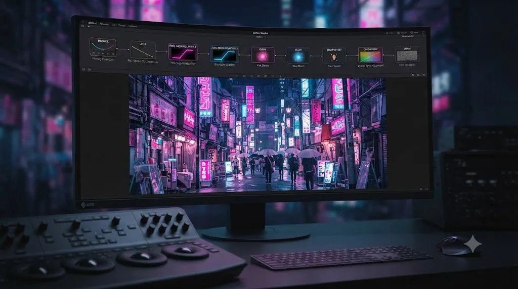 Illustration of a nine-node DaVinci Resolve chain for a complete cyberpunk neon street scene grade