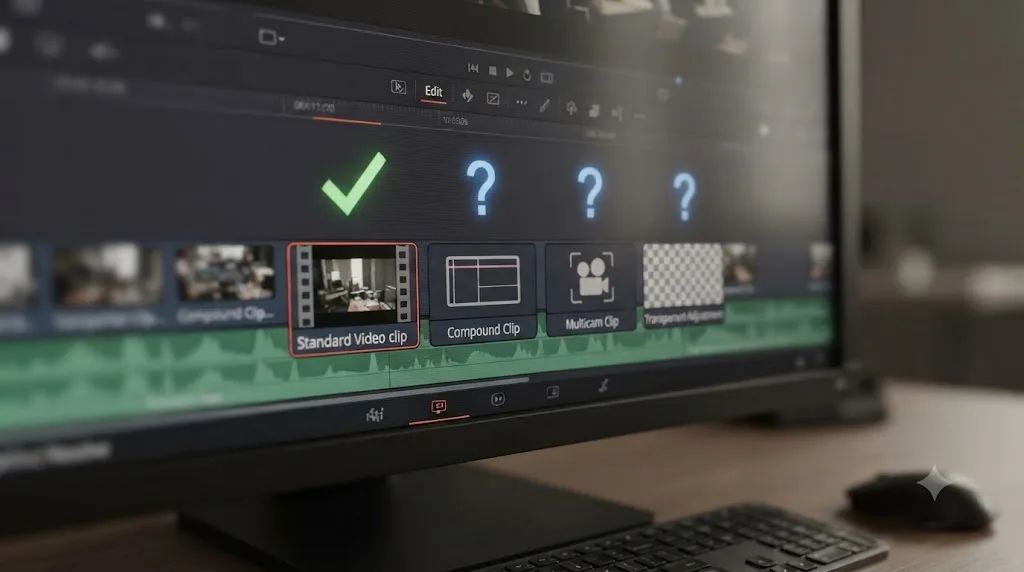 Illustration comparing how DaVinci Resolve's Render in Place handles plain video clips versus compound clips, multicam clips, and adjustment clips