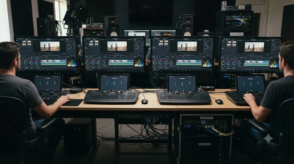 Illustration of a DaVinci Resolve collaborative project showing a shared rendered-in-place file visible to every workstation while render cache stays local to each machine