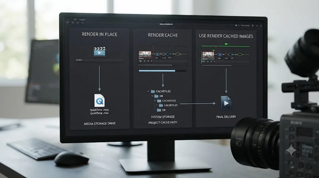 Illustration comparing DaVinci Resolve's Render in Place, Render Cache, and Use Render Cached Images settings side by side