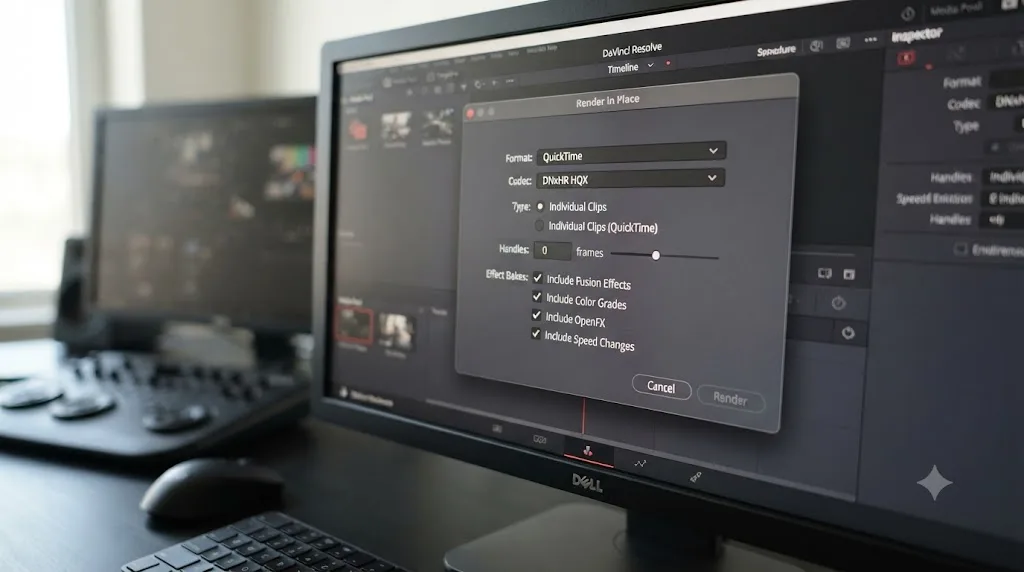 Illustration of DaVinci Resolve's Render in Place dialog with format, codec, and effect baking checkboxes