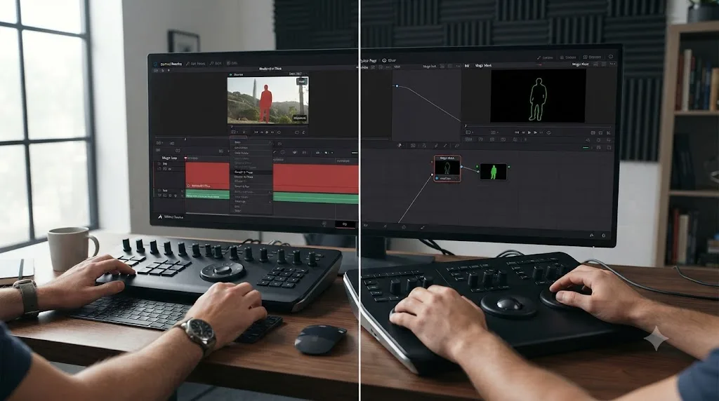 Illustration comparing DaVinci Resolve's Edit page Render in Place for whole clips against Magic Mask's Render in Place for a single matte node