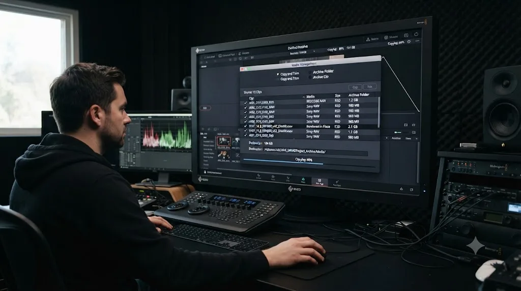 Illustration of DaVinci Resolve's Media Management tool archiving a rendered-in-place clip alongside ordinary camera-original footage