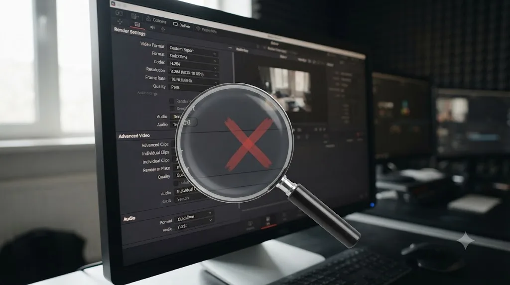 Illustration of a magnifying glass searching DaVinci Resolve's Deliver page for a Render in Place setting that doesn't exist there