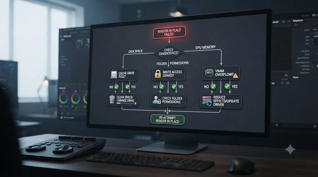 Illustration of a troubleshooting flowchart for a failed DaVinci Resolve Render in Place operation covering disk space, permissions, GPU memory, and quality mismatch
