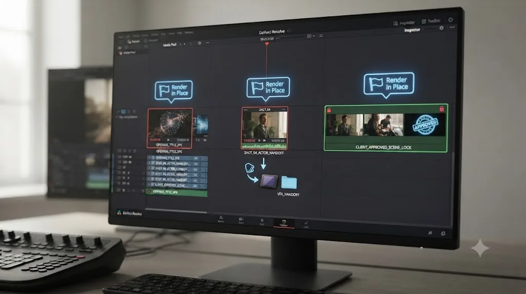 Illustration of three DaVinci Resolve use cases for Render in Place: a Fusion title, a handoff clip, and a locked timeline section