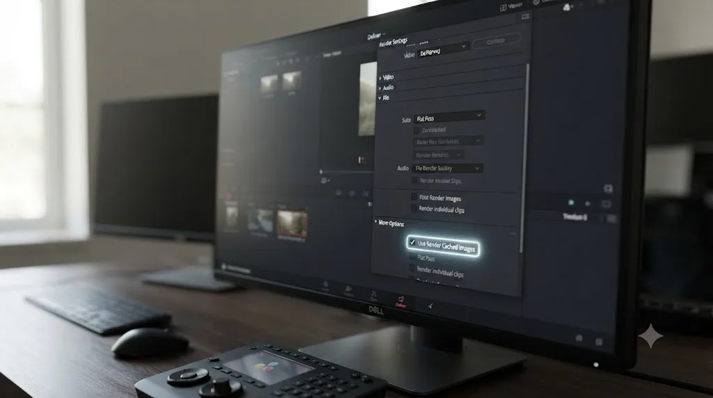 Illustration of DaVinci Resolve's Deliver page Render Settings with the Use Render Cached Images checkbox highlighted