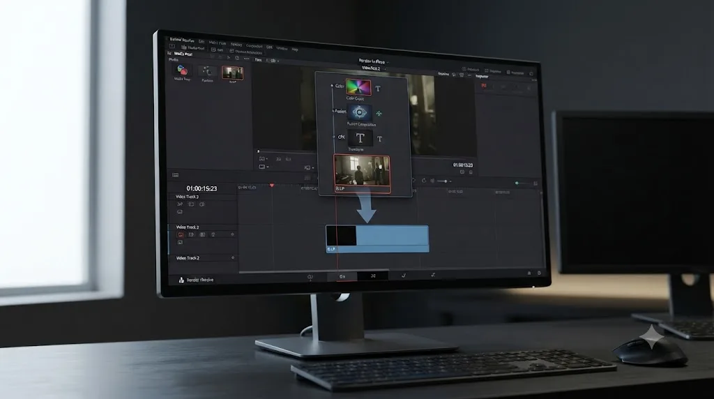 Illustration of a DaVinci Resolve clip's effects being baked into a single new rendered media file