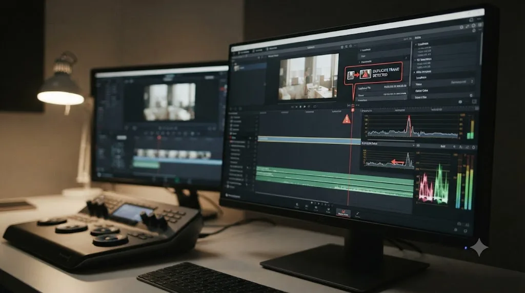 Illustration of a rendered video file passing through an automated broadcast QC platform flagging a duplicate frame