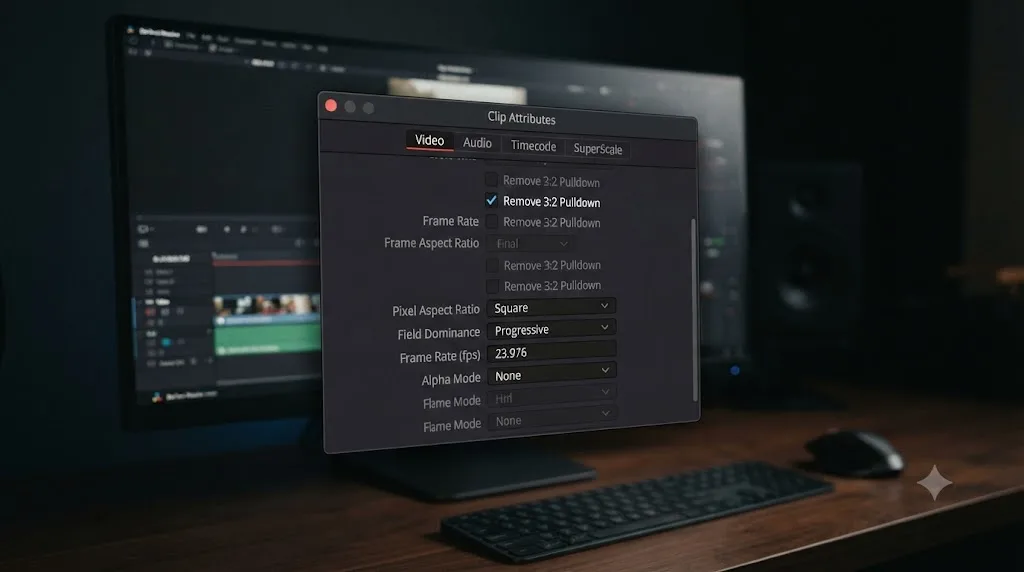 Illustration of the DaVinci Resolve Clip Attributes Video tab with the Remove 3:2 Pulldown checkbox checked