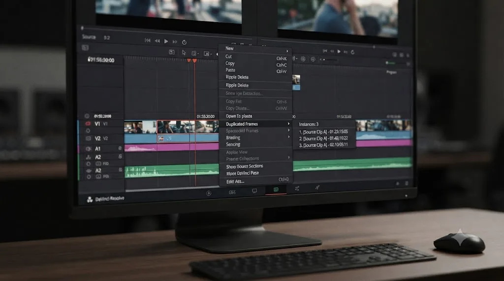 Illustration of a right-click context menu showing the Duplicated Frames submenu on a DaVinci Resolve timeline clip