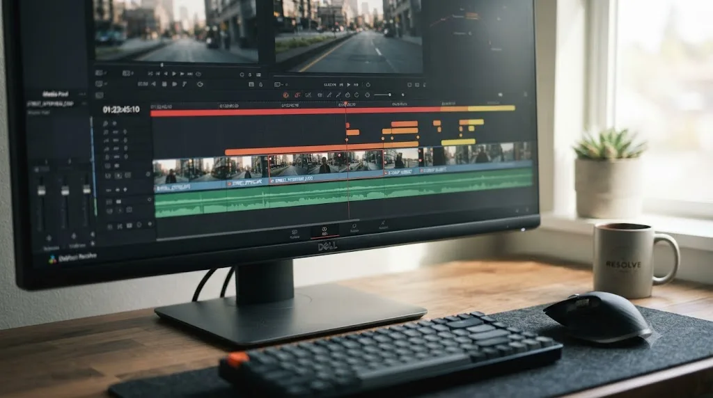 Illustration of a DaVinci Resolve timeline with colored bars marking duplicate frame ranges above several clips