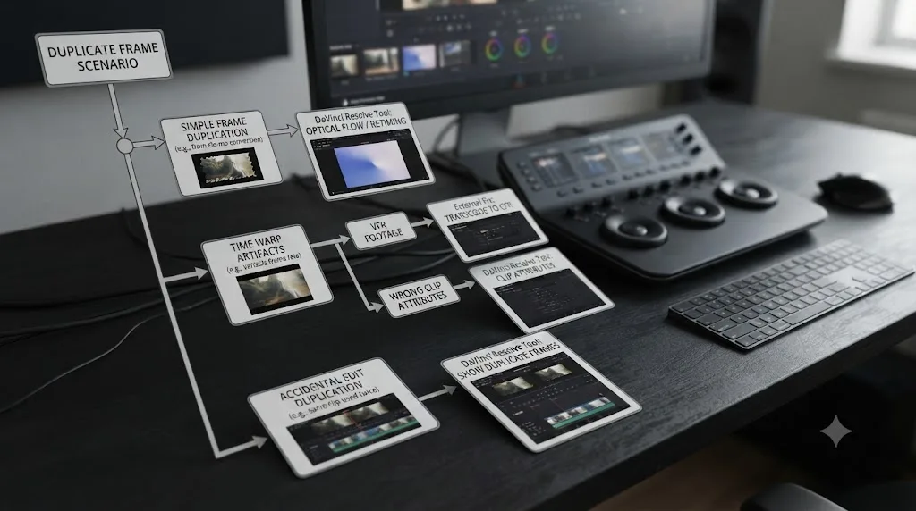Illustration of a decision flowchart matching duplicate frame scenarios to the correct fix in DaVinci Resolve