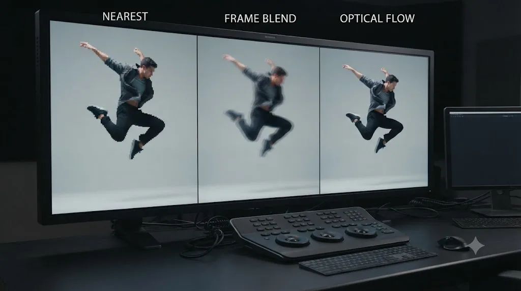 Illustration comparing Nearest, Frame Blend, and Optical Flow retiming results on the same slow motion clip