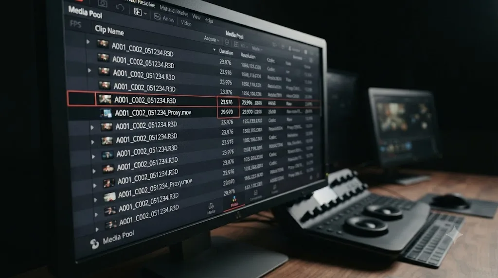 Illustration of a DaVinci Resolve Media Pool FPS column comparing a source clip and a mismatched proxy file