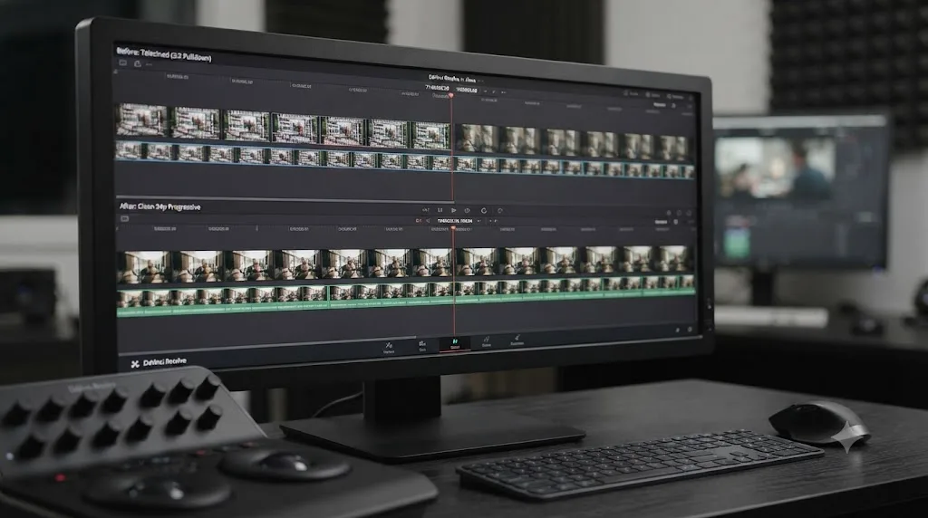 Illustration of a before and after DaVinci Resolve timeline showing telecined footage converted to clean progressive frames