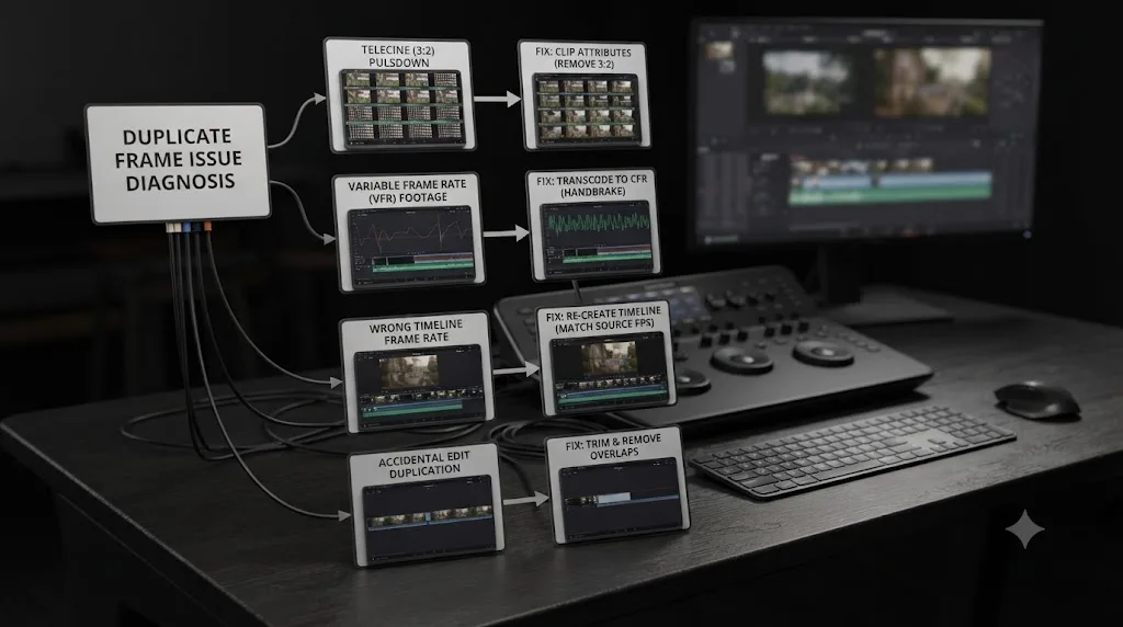 Illustration of a troubleshooting flowchart for DaVinci Resolve duplicate frame issues with four diagnosis paths
