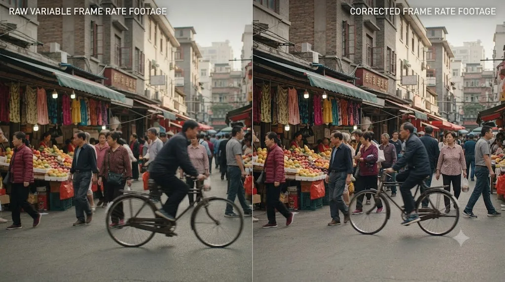 Illustration comparing raw variable frame rate footage against the same clip after frame rate correction