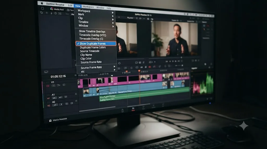 Illustration of the DaVinci Resolve View menu with the Show Duplicate Frames option highlighted