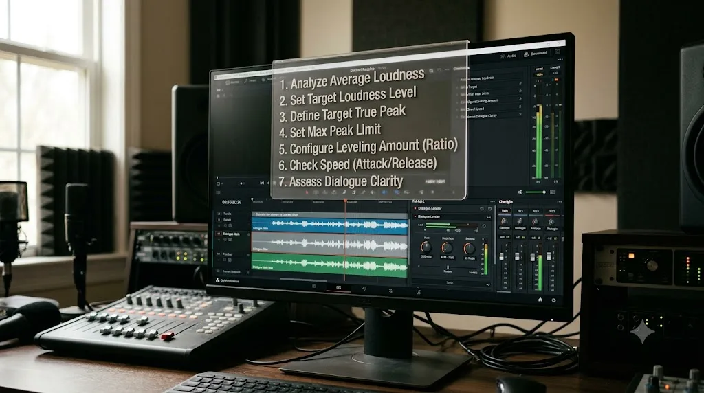 Illustration of a seven step Dialogue Leveler checklist overlaid on a DaVinci Resolve Fairlight page