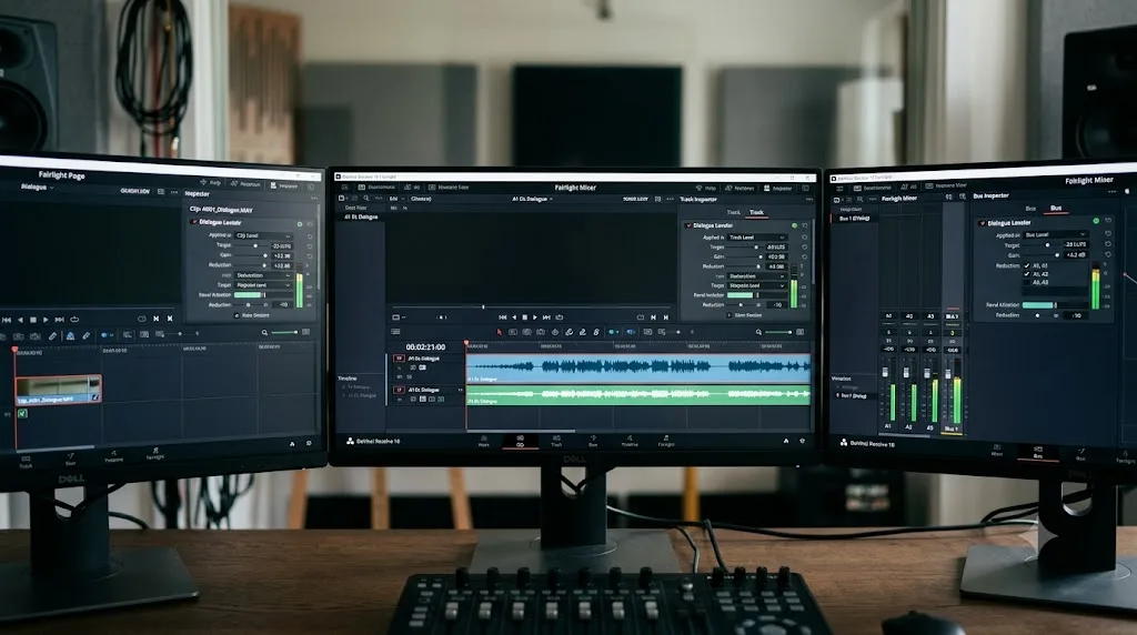Illustration of DaVinci Resolve's Dialogue Leveler applied at the clip, track, and bus level