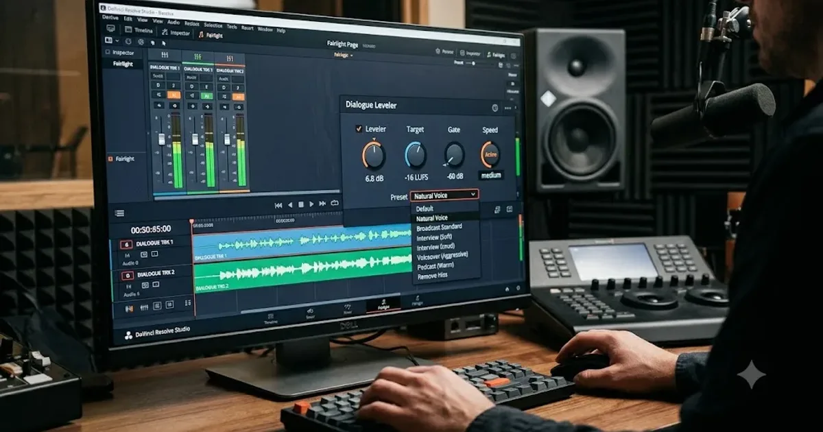Illustration of the DaVinci Resolve Fairlight Dialogue Leveler panel with its preset menu and processing controls