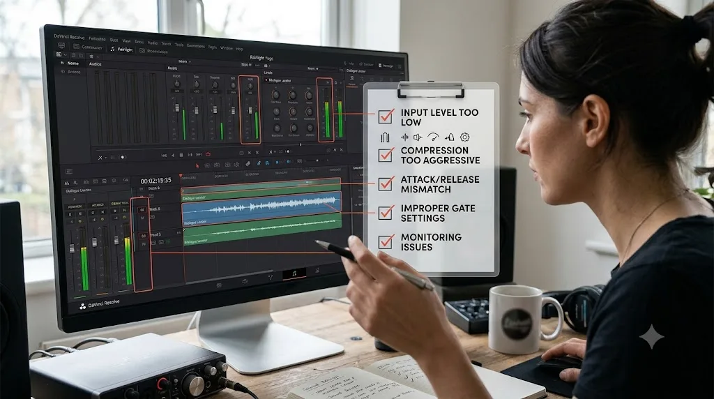 Illustration of a troubleshooting checklist over a DaVinci Resolve Fairlight page highlighting common Dialogue Leveler mistakes