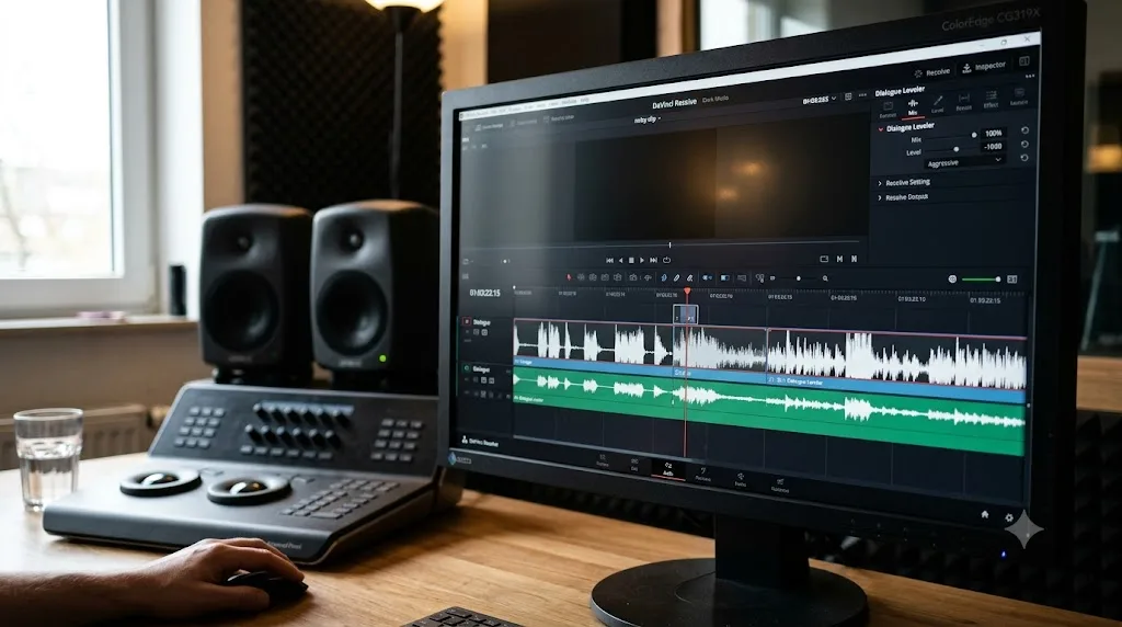Illustration of pumping artifacts in background noise caused by aggressive DaVinci Resolve Dialogue Leveler settings