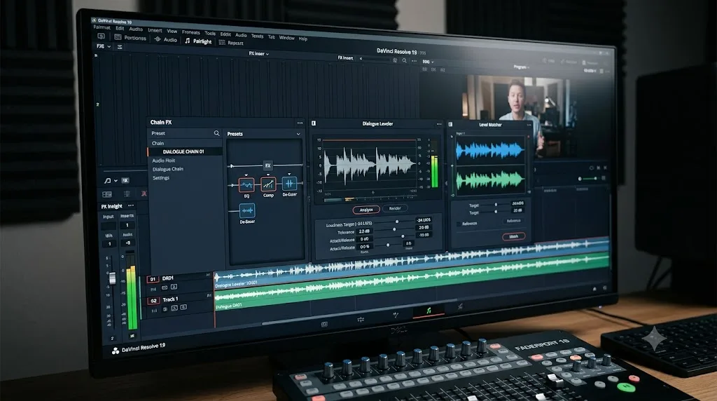Illustration of the DaVinci Resolve 21 Fairlight Chain FX preset alongside Level Matcher and Dialogue Leveler