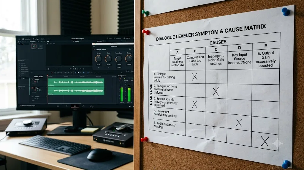Illustration of a decision table mapping DaVinci Resolve Dialogue Leveler symptoms to their causes