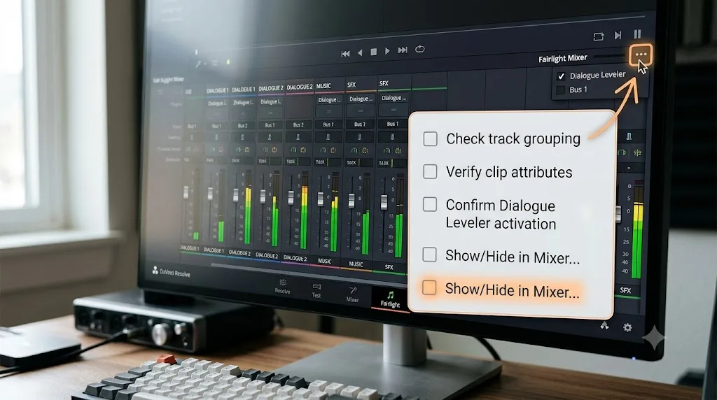 Illustration of a troubleshooting checklist over the DaVinci Resolve Fairlight Mixer showing the mixer visibility menu