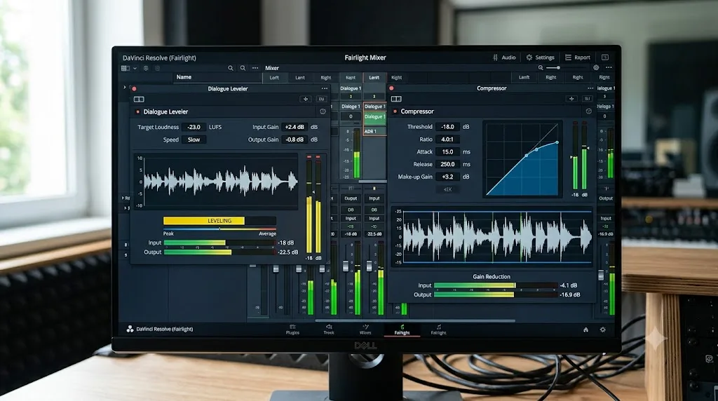 Illustration comparing DaVinci Resolve's Dialogue Leveler and Compressor plugins on a dialogue track