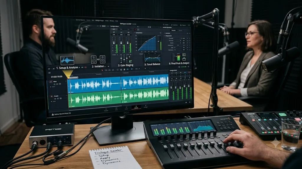 Illustration of a six step DaVinci Resolve Dialogue Leveler workflow applied to a two speaker interview timeline
