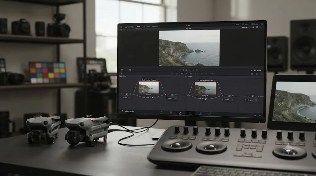 Illustration comparing a DJI Air 3 and DJI Air 3S, each with its own D-Log M to Rec.709 LUT feeding into DaVinci Resolve