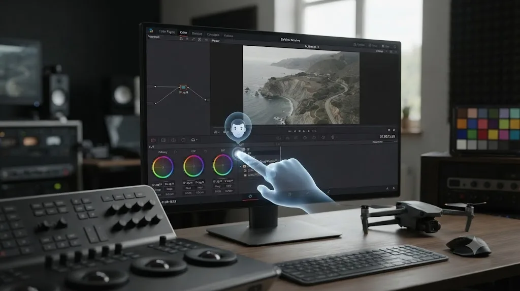 Illustration of a DaVinci Resolve Color page with an on-screen assistant overlay pointing at the LUT panel for a D-Log M clip
