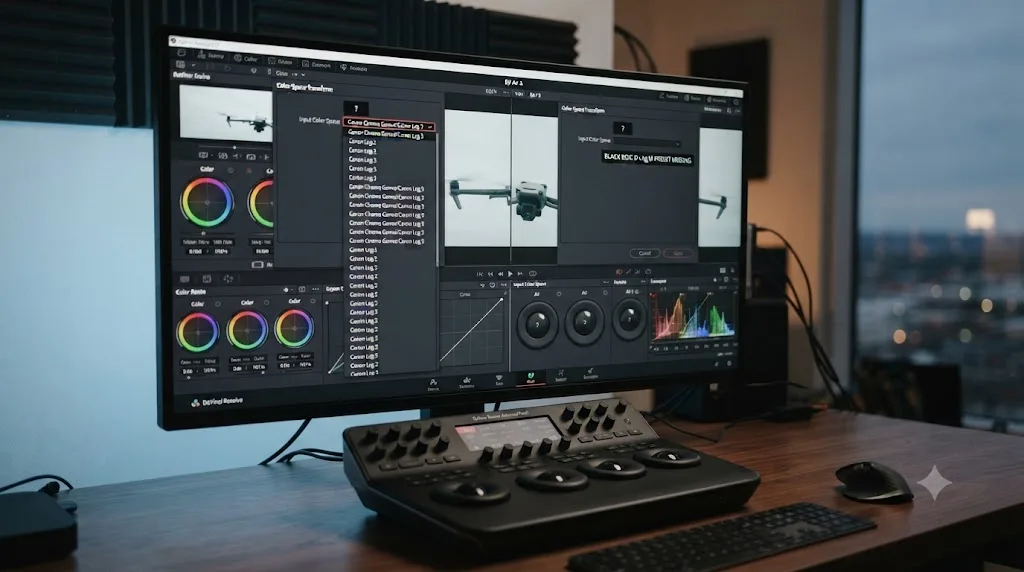 Illustration comparing a documented Canon Clog Color Space Transform preset in DaVinci Resolve to the absence of one for DJI D-Log M