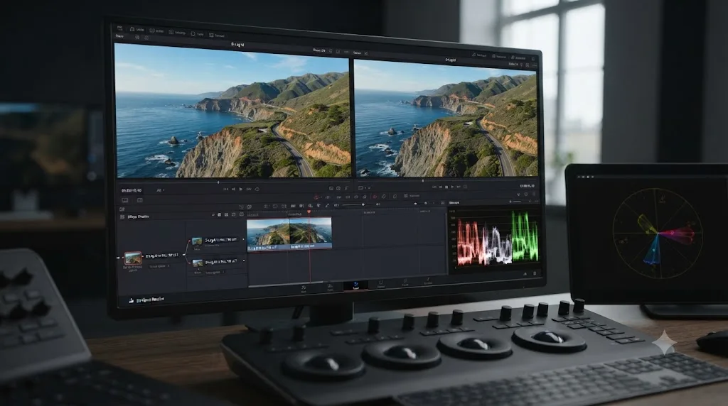 Illustration of a DaVinci Resolve timeline comparing DJI Air 3 wide and tele camera clips graded through the same D-Log M LUT
