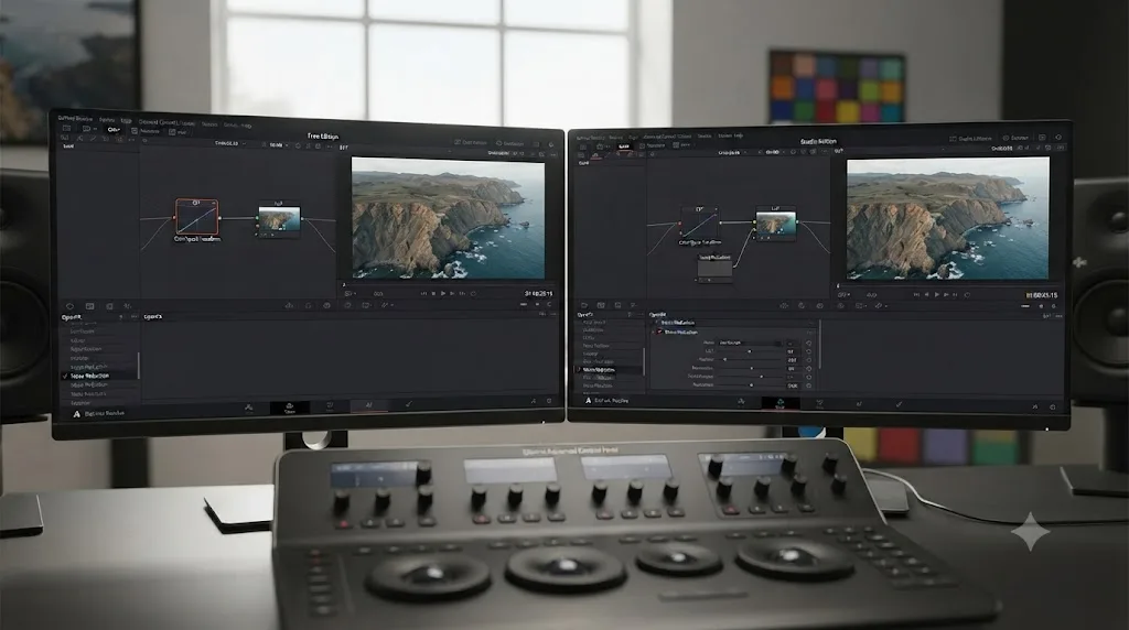 Illustration comparing DaVinci Resolve free and Studio editions, showing identical LUT tools and Studio-only noise reduction