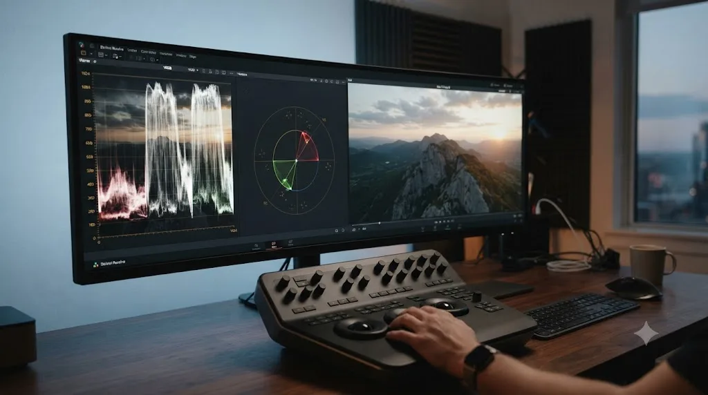 Illustration of a DaVinci Resolve scopes panel showing a properly exposed DJI Air 3 D-Log M clip within its ISO range