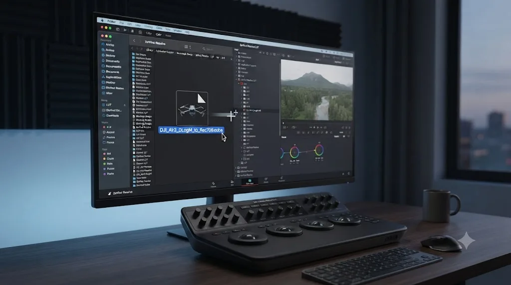 Illustration of a DJI Air 3 D-Log M LUT file being installed into DaVinci Resolve's LUT folder