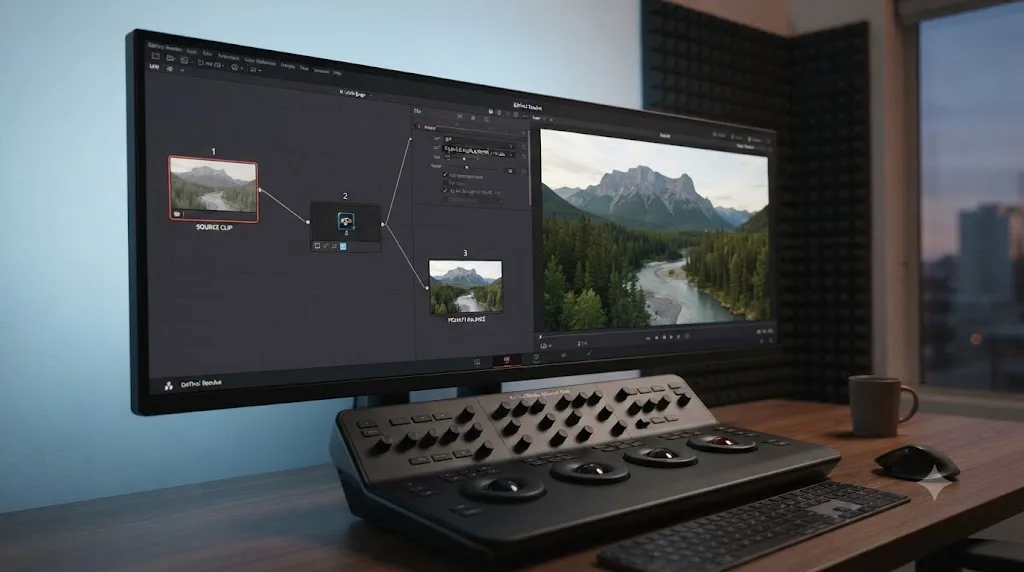 Illustration of a DaVinci Resolve node graph with DJI's official D-Log M to Rec.709 LUT applied to a DJI Air 3 clip
