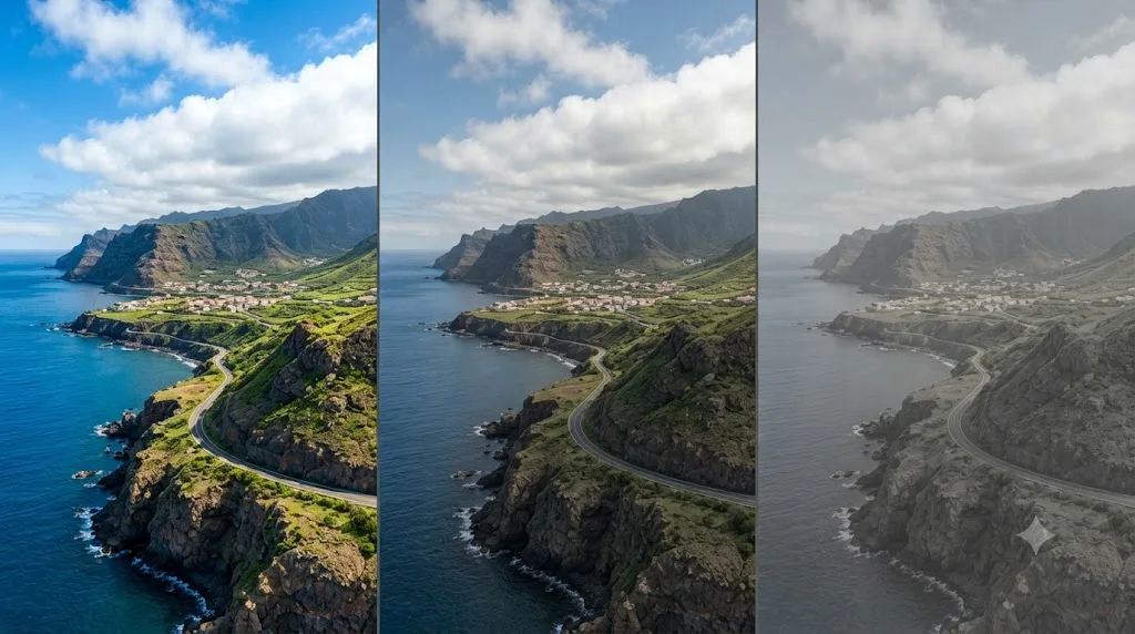 Illustration comparing the same DJI Air 3 aerial shot in Normal, HLG, and D-Log M color modes side by side